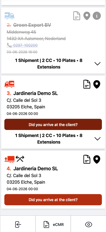 Aplicación de conductor de CargoLedger con confirmación de llegada en una parada de entrega