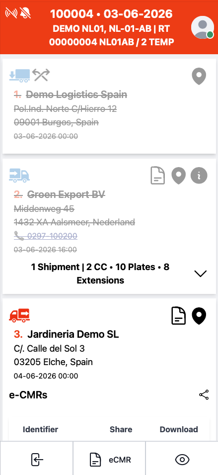 Aplicación de conductor de CargoLedger con la sección e-CMR y opciones para compartir y descargar