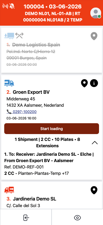 Aplicación de conductor de CargoLedger con una ruta de varias paradas y acciones de carga y entrega
