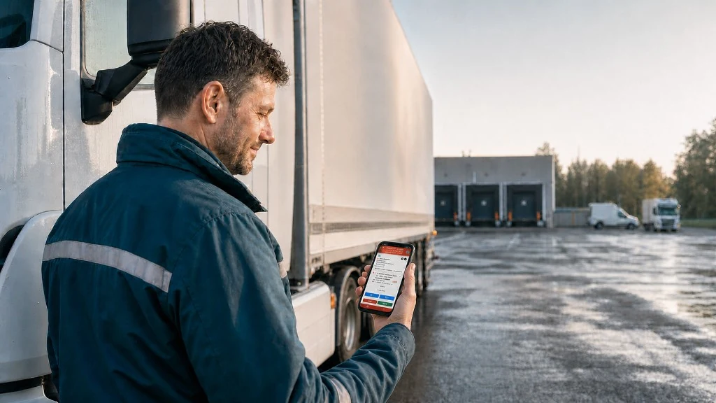 Een chauffeur die zijn digitale ritlijst op zijn telefoon bekijkt naast zijn vrachtwagen bij een laadperron