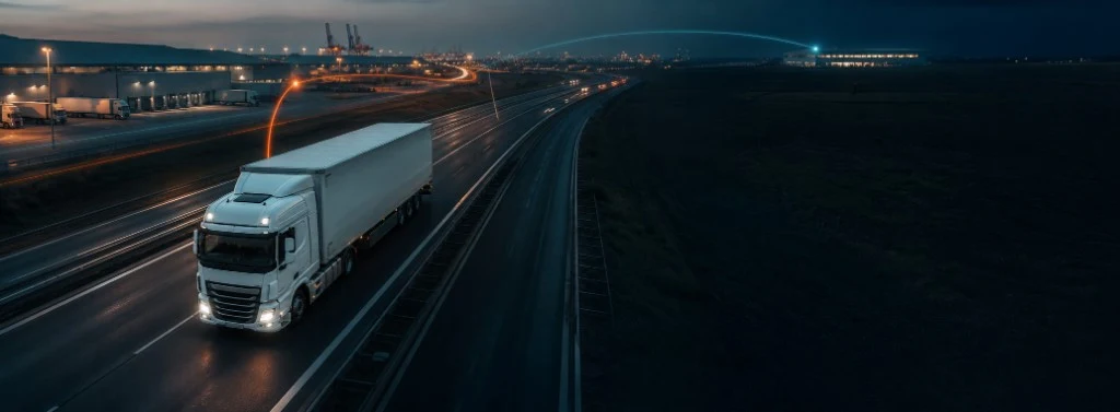 Un camión en la autopista de noche cerca de una terminal portuaria, con el viaje registrado digitalmente en lugar de en papel